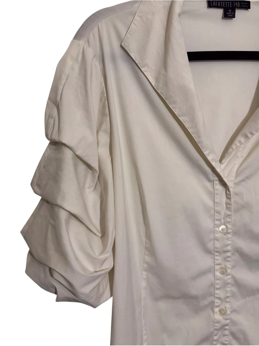 ❌❌❌❌❌Lafayette 148 New York Size 12 White Ruffle Sleeve Top Button Up Minimalist - Picture 2 of 7